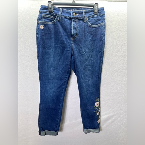 NYDJ Alina Ankle Floral Embroidered Jeans Womens 10 Blue Denim Stretch 2449 - Picture 1 of 10